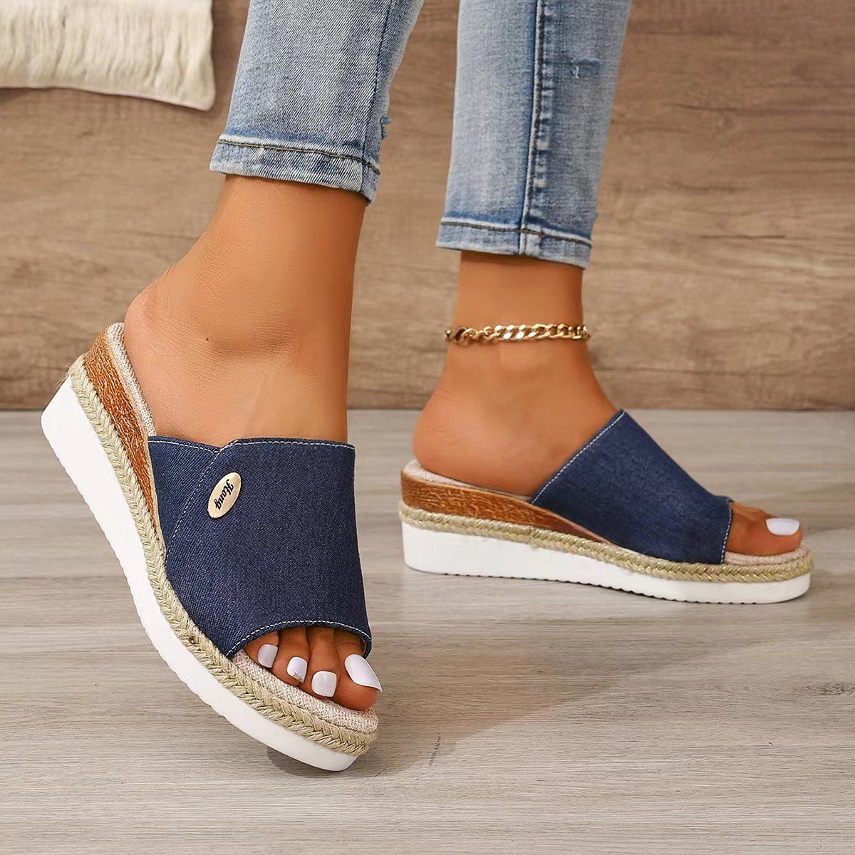 Women's Denim Canvas Wedges Sandals Hemp High Heel
