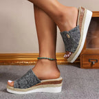 Women's Denim Canvas Wedges Sandals Hemp High Heel