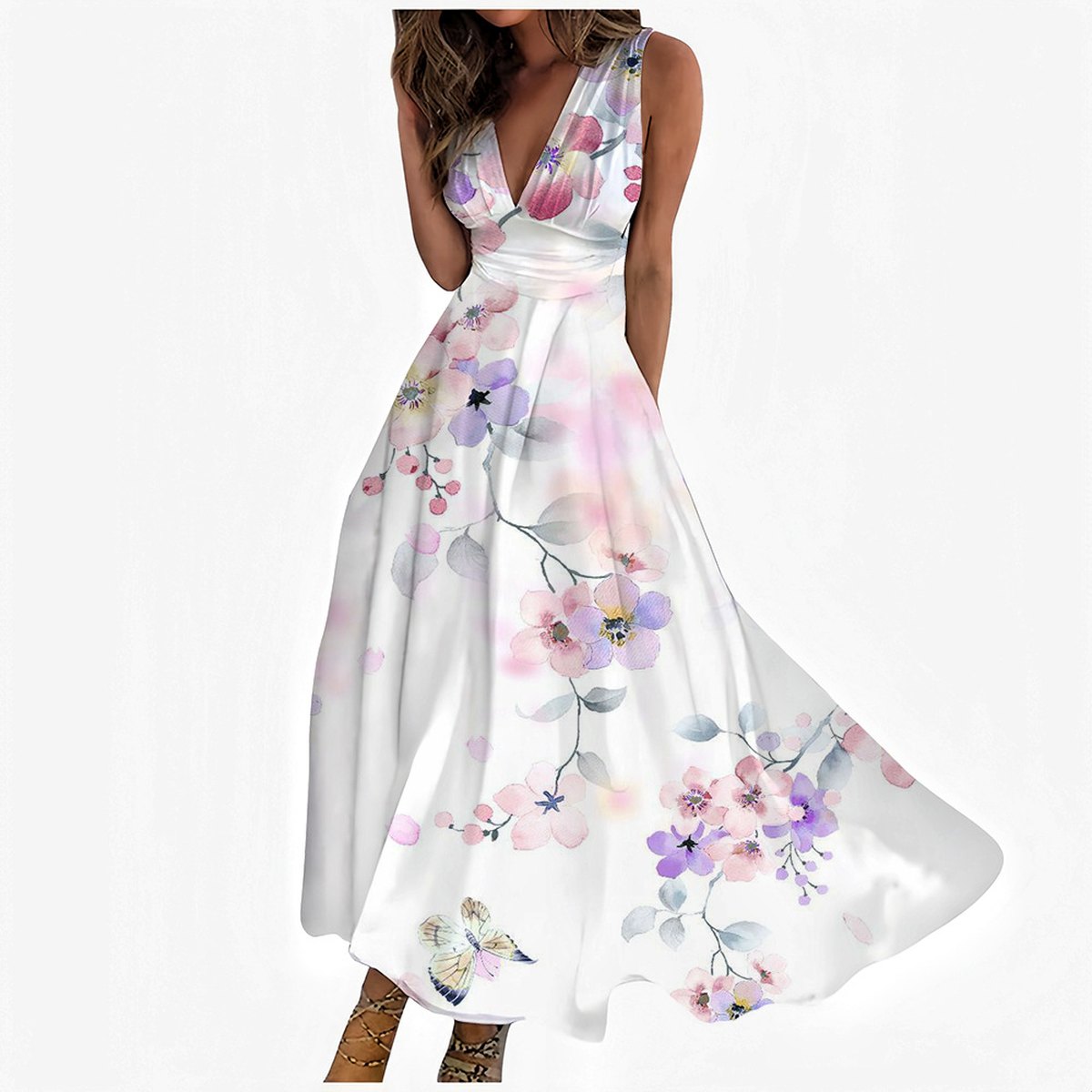 Women's Digital Printing V-neck Sleeveless Maxi Dress