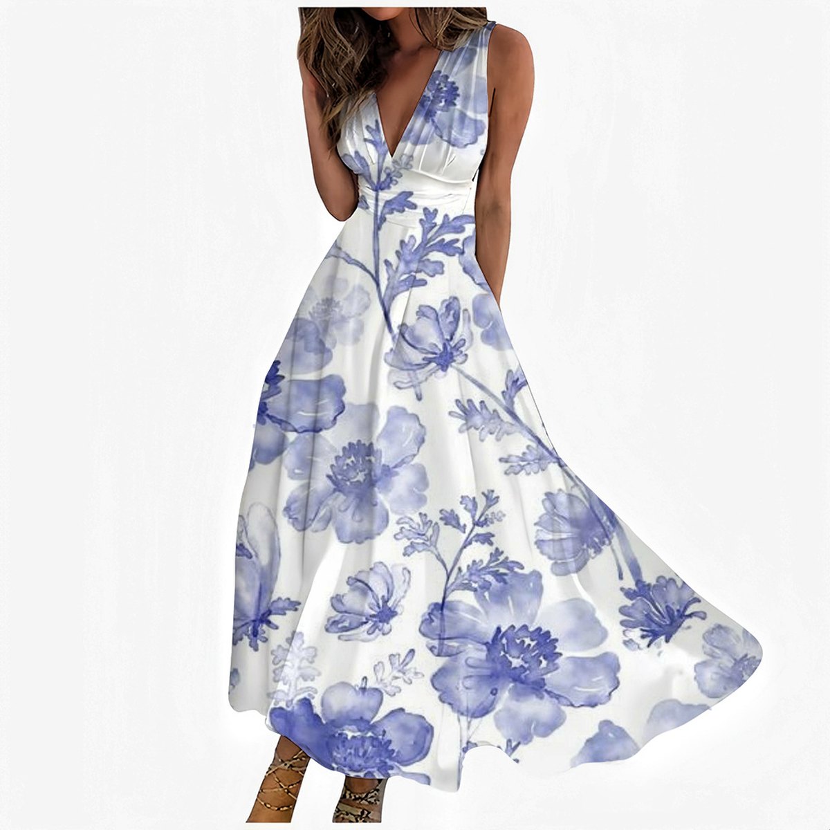 Women's Digital Printing V-neck Sleeveless Maxi Dress