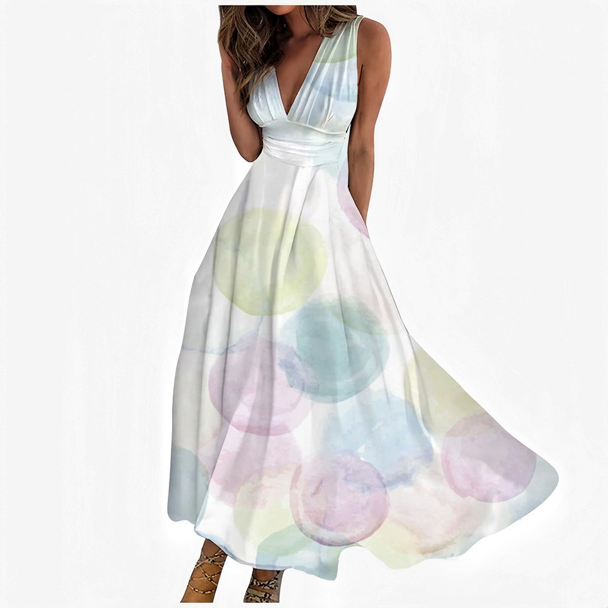 Women's Digital Printing V-neck Sleeveless Maxi Dress