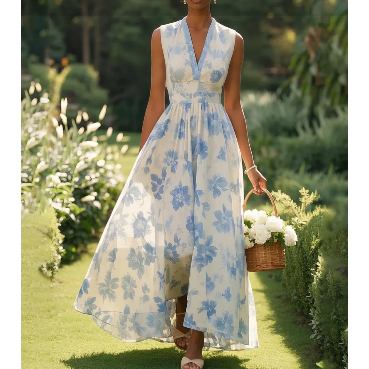 Women's Digital Printing V-neck Sleeveless Maxi Dress