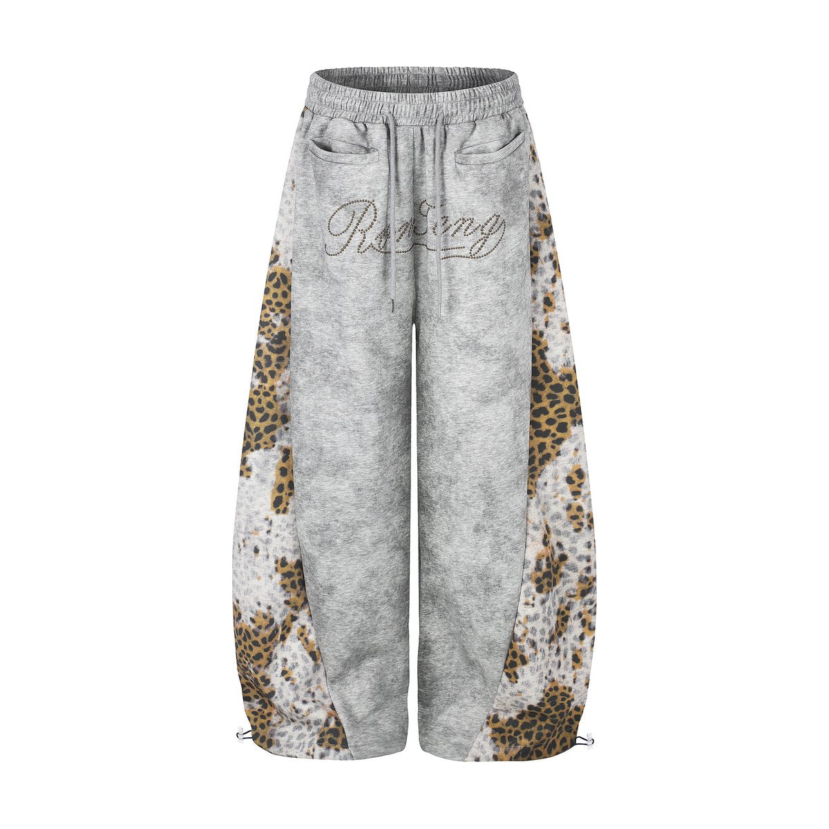 Women's Distressed Leopard-print Patchwork Rivet Sweatpants