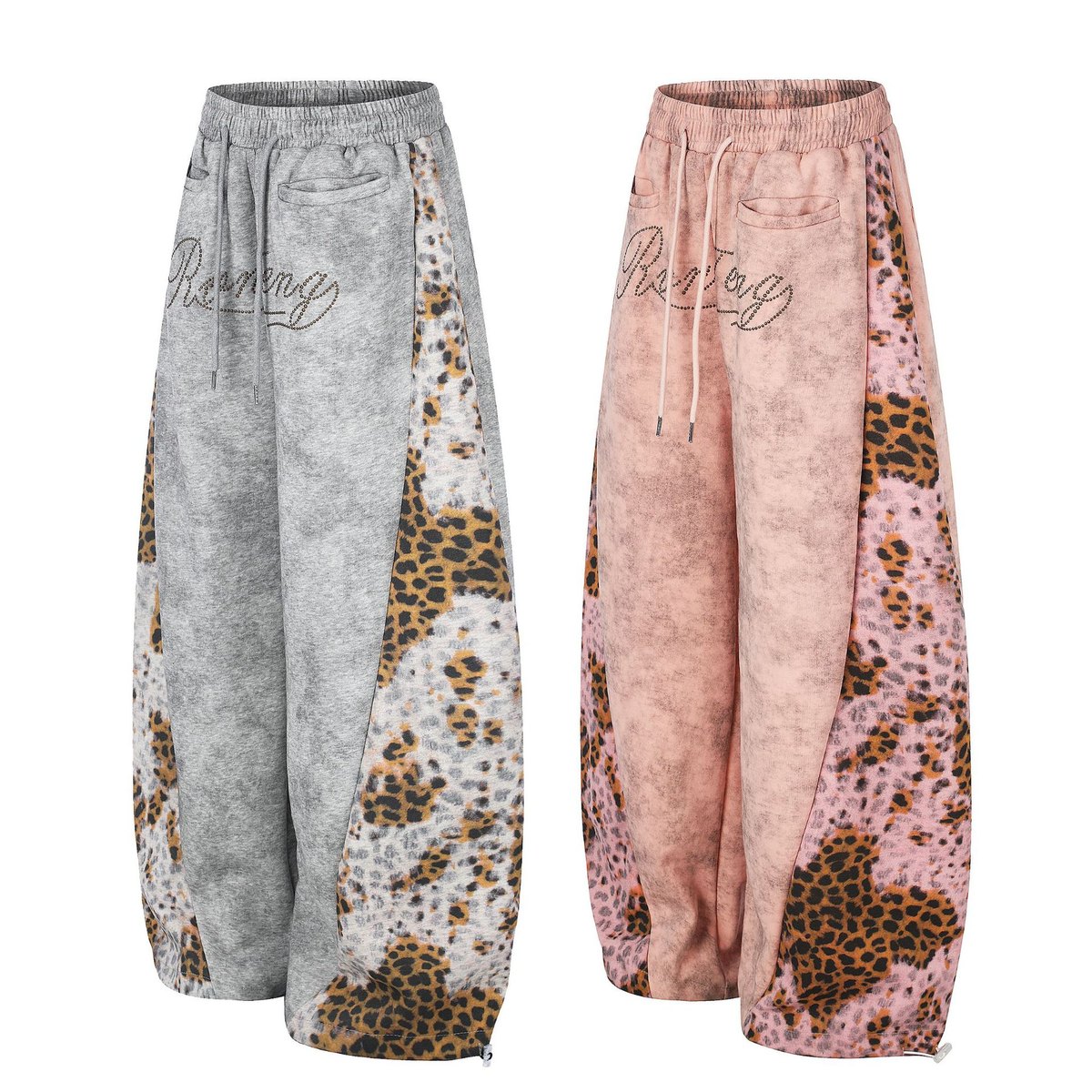 Women's Distressed Leopard-print Patchwork Rivet Sweatpants