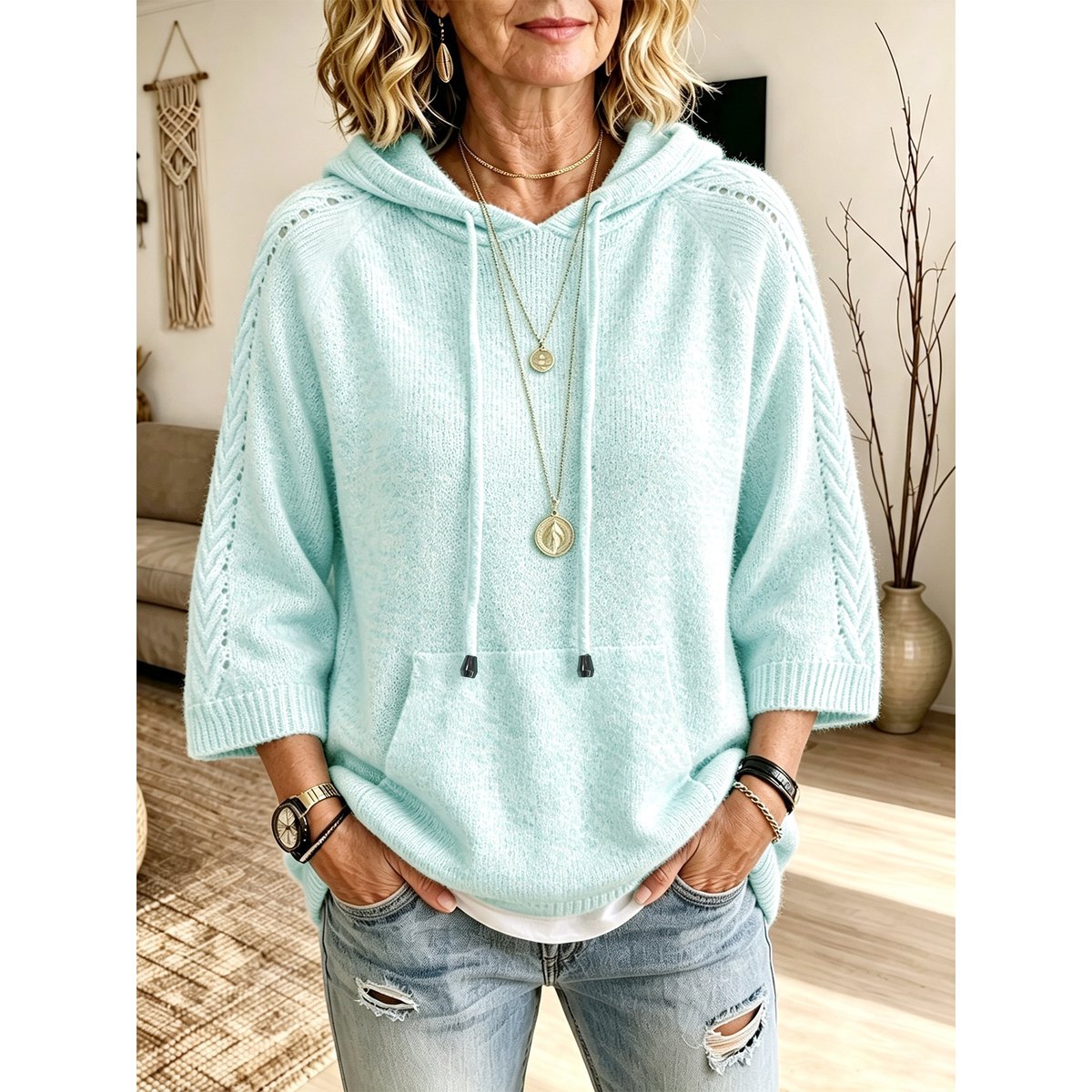 Women's Drawstring Hooded Short-sleeve Knit Top