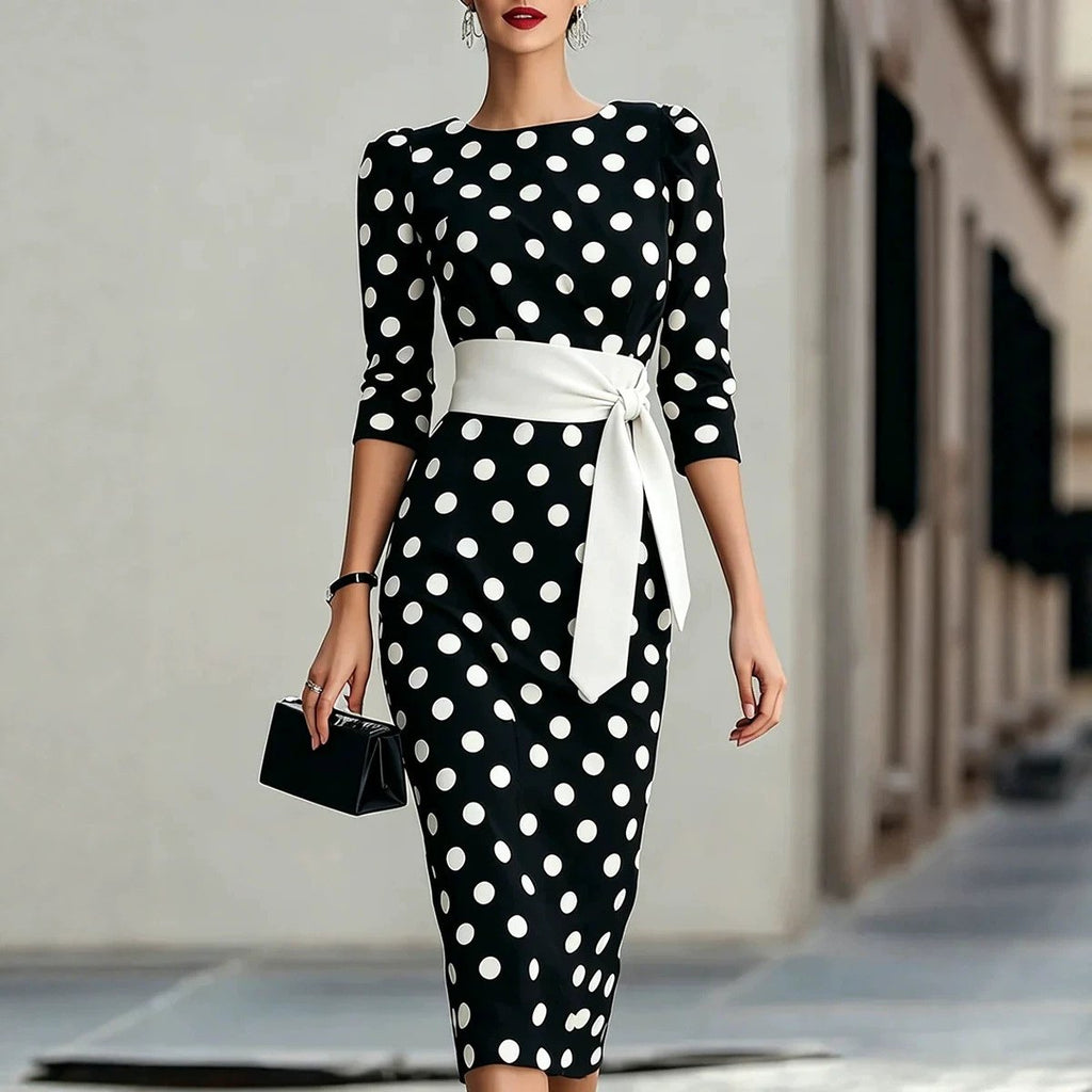 Women's Elegant Black White Polka Dot Midi Dress