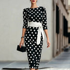 Women's Elegant Black White Polka Dot Midi Dress