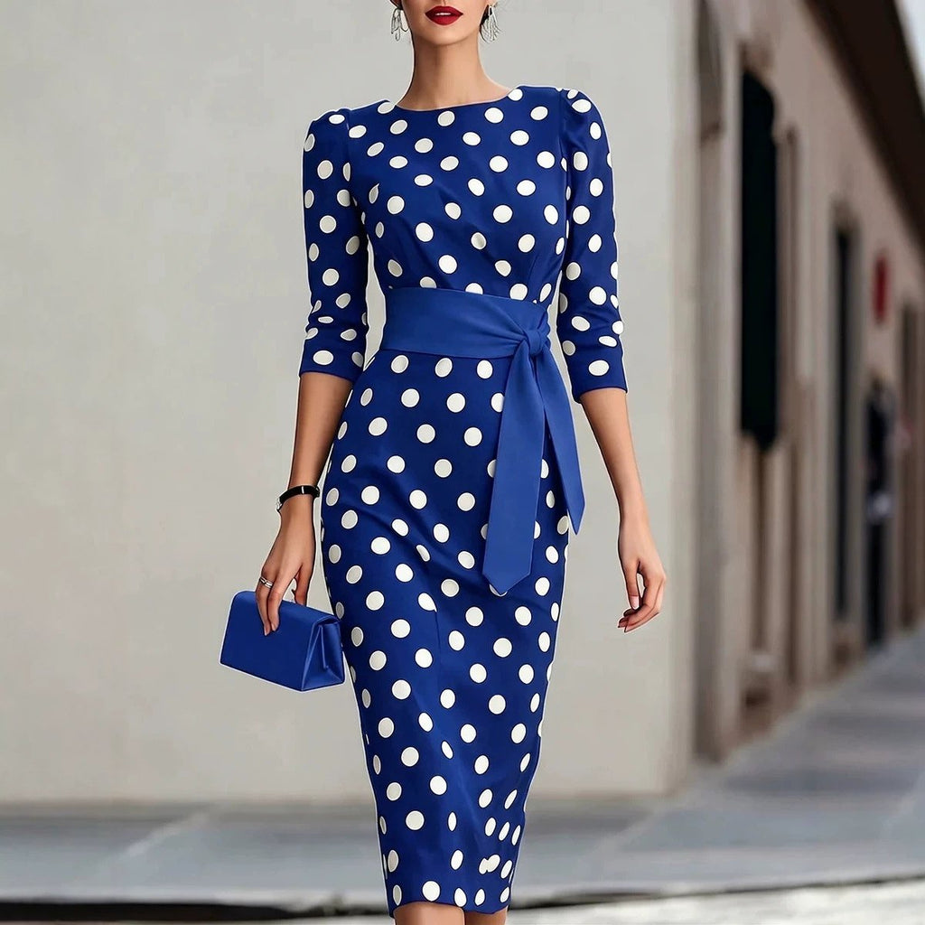 Women's Elegant Black White Polka Dot Midi Dress