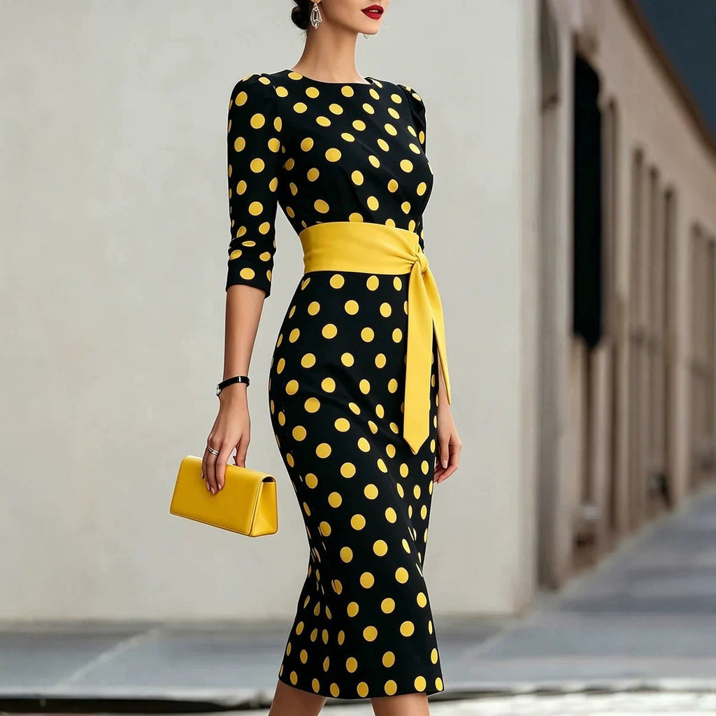 Women's Elegant Black White Polka Dot Midi Dress