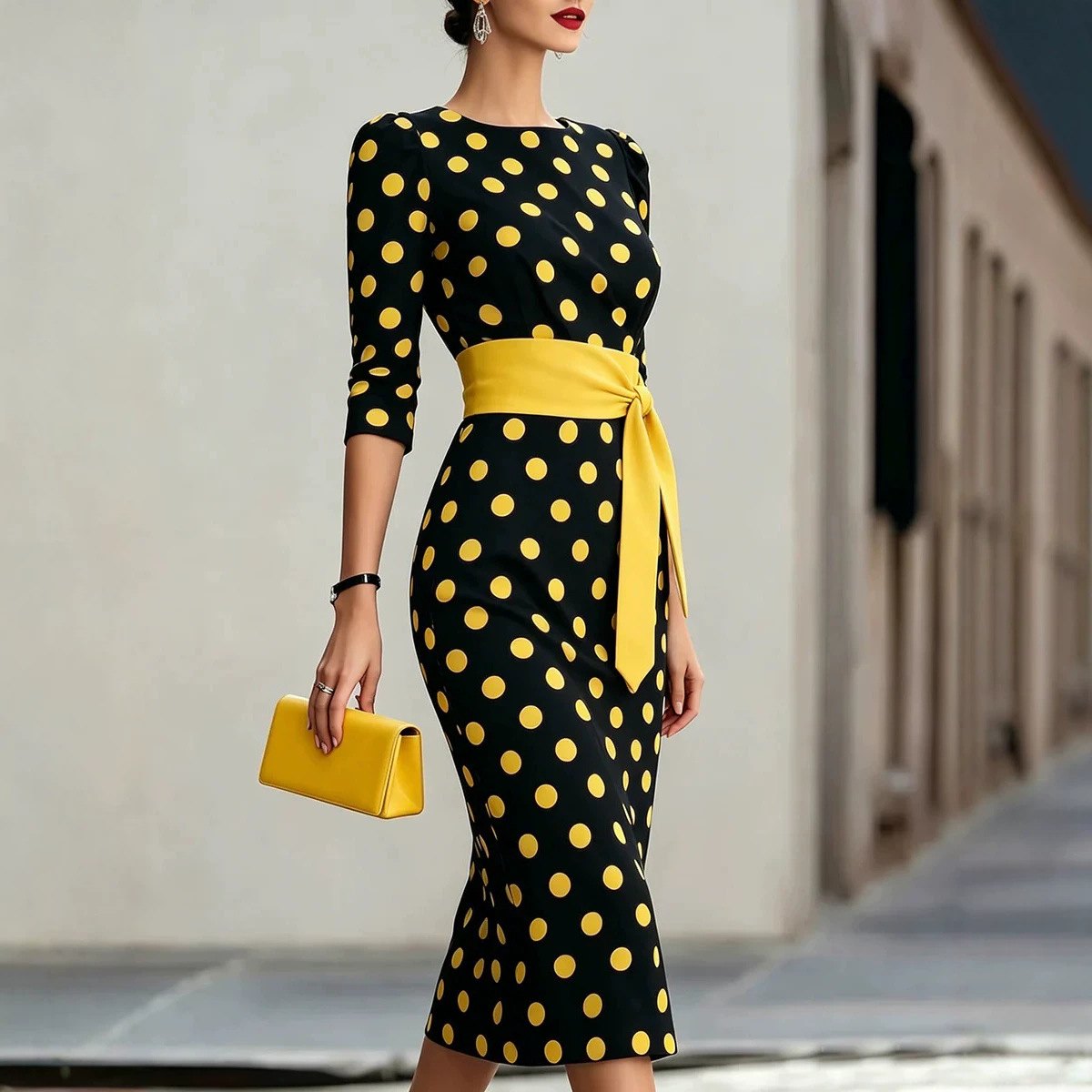 Women's Elegant Black White Polka Dot Midi Dress