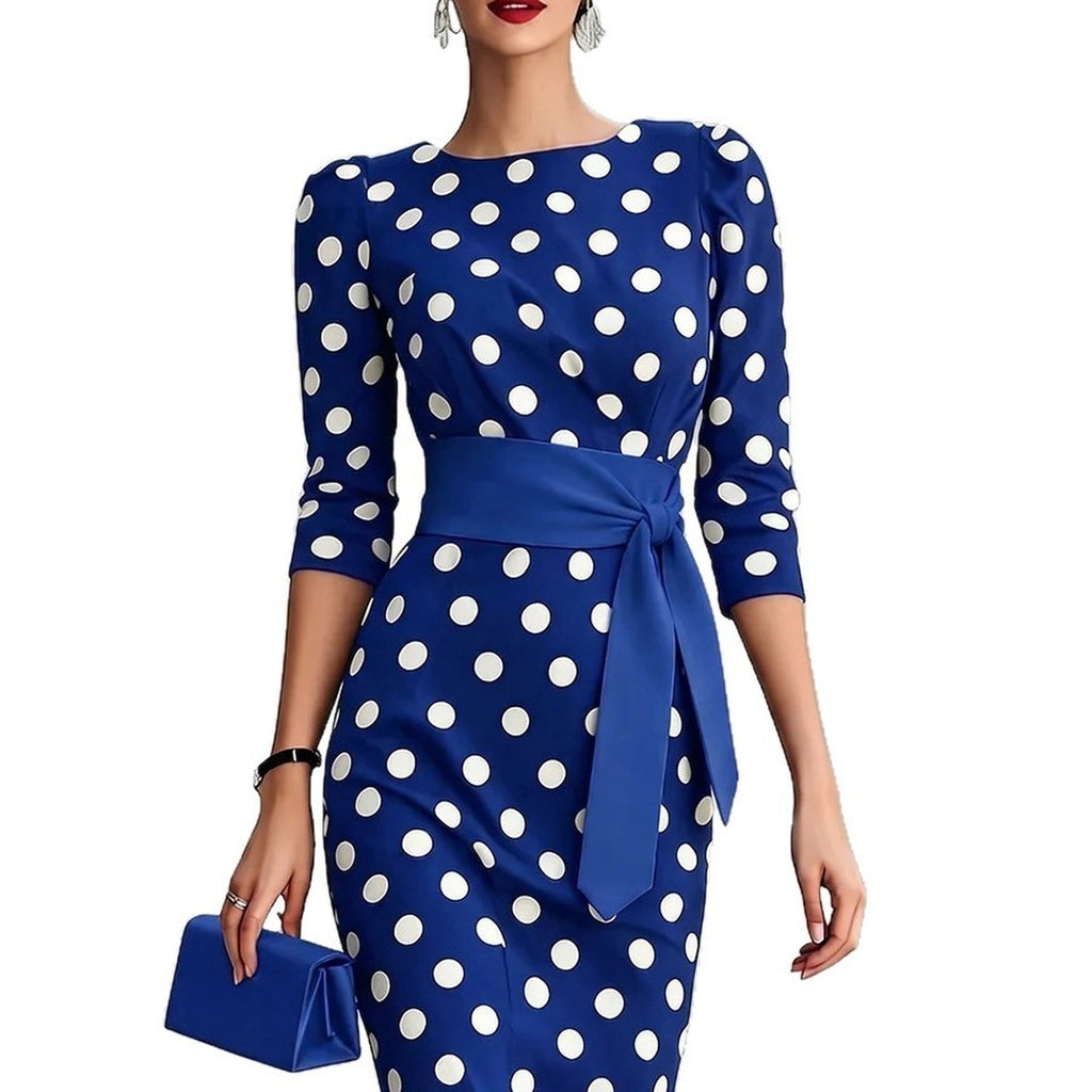 Women's Elegant Black White Polka Dot Midi Dress