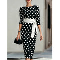 Women's Elegant Black White Polka Dot Midi Dress