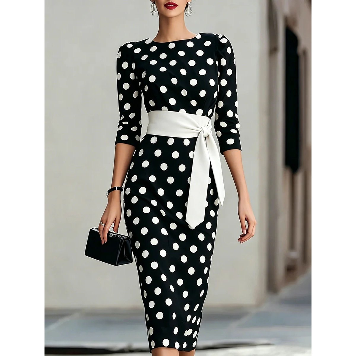 Women's Elegant Black White Polka Dot Midi Dress