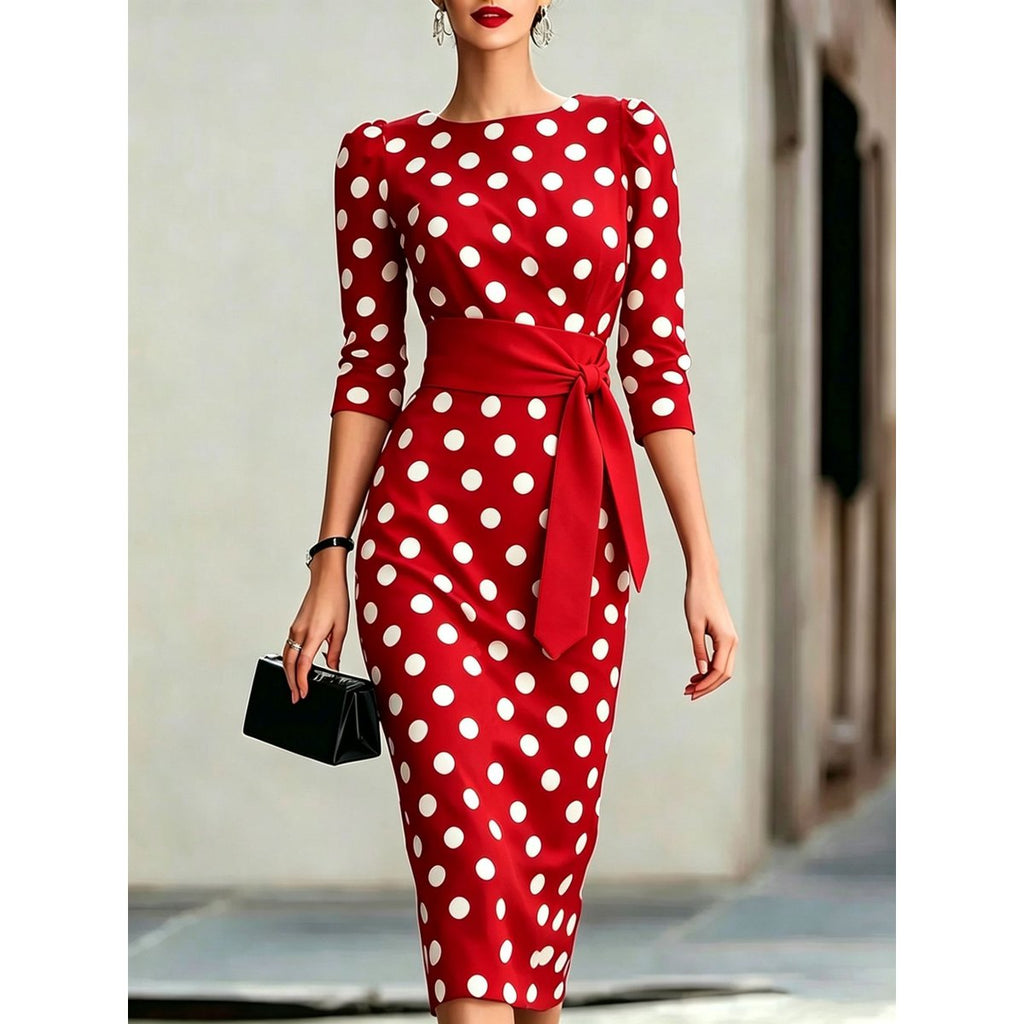 Women's Elegant Black White Polka Dot Midi Dress