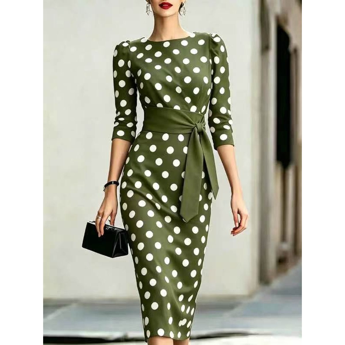 Women's Elegant Black White Polka Dot Midi Dress