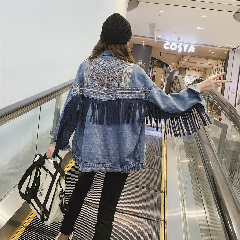 Women's Embroidered Denim Jacket Loose Tassel