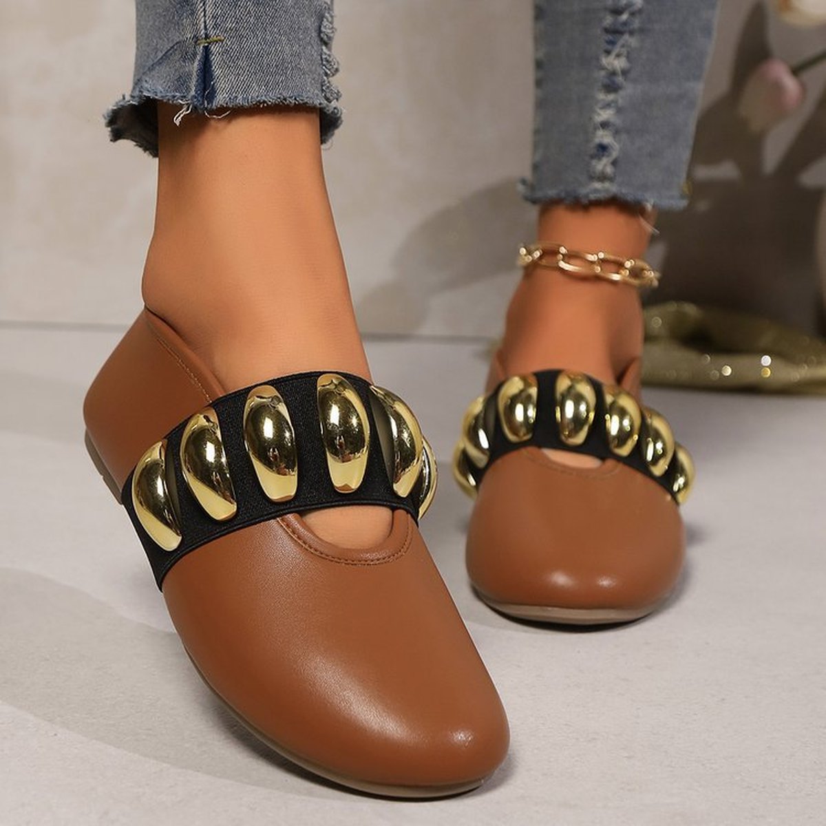 Women's Flats Shoes Metal Buckle Design Round Toe