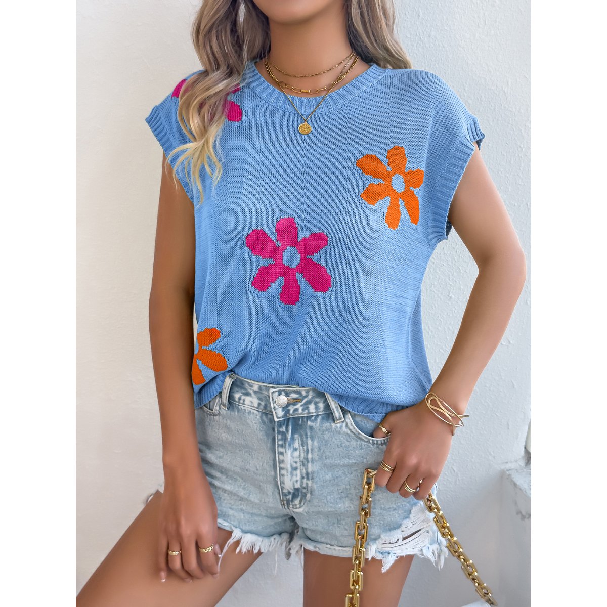 Women's Floral Casual Batwing Sleeve Loose Knit Vacation