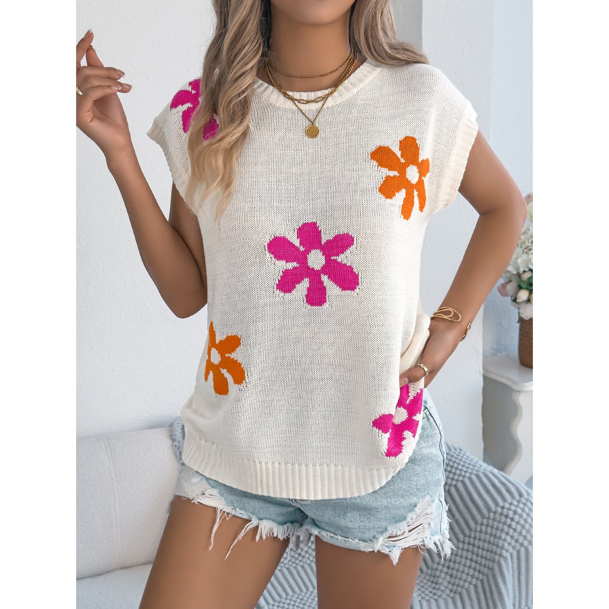 Women's Floral Casual Batwing Sleeve Loose Knit Vacation