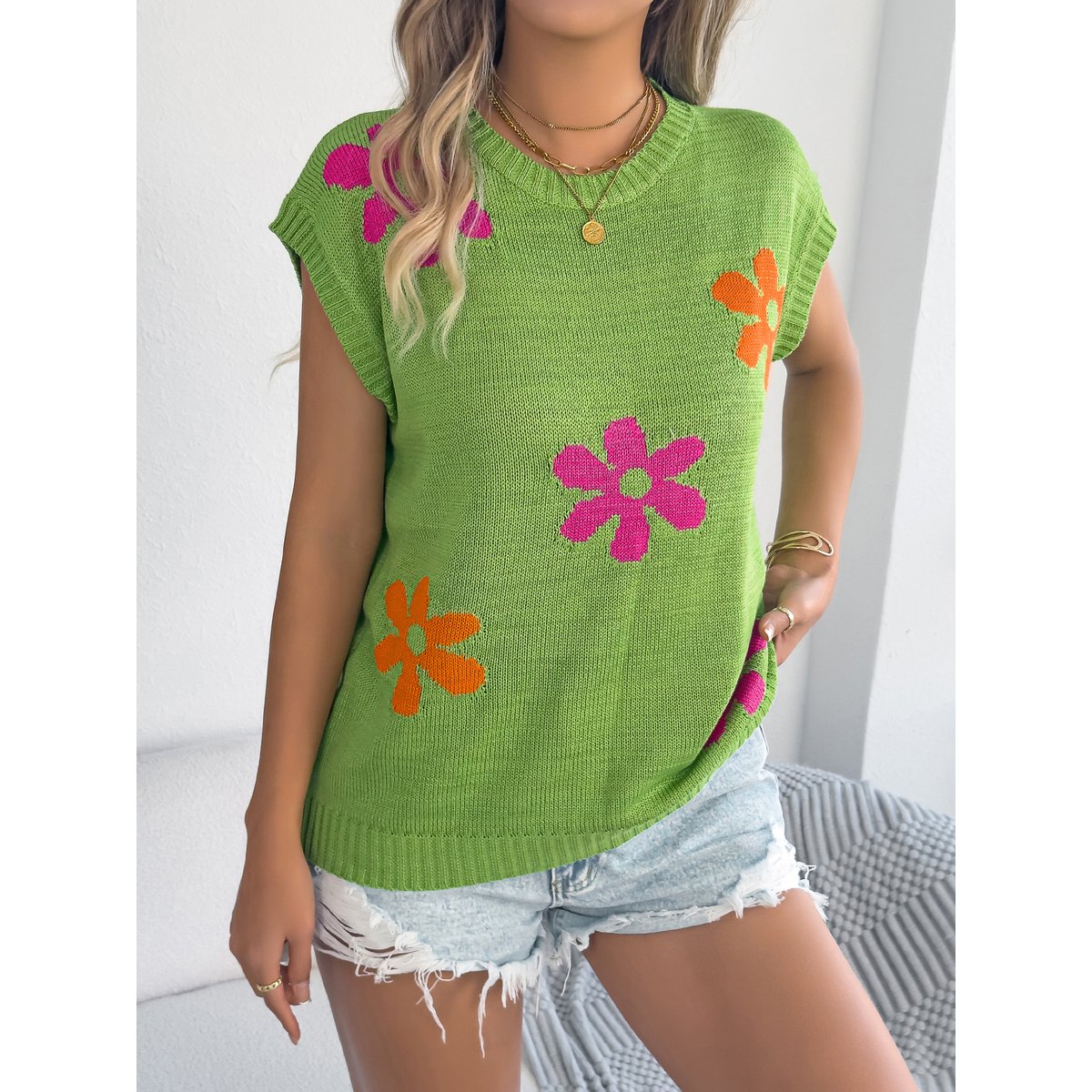 Women's Floral Casual Batwing Sleeve Loose Knit Vacation