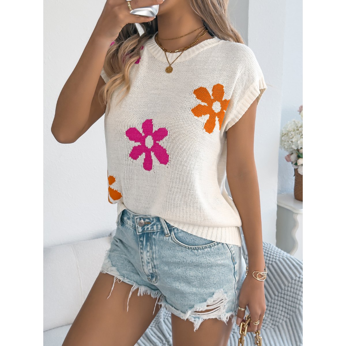Women's Floral Casual Batwing Sleeve Loose Knit Vacation