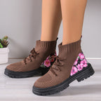 Women's Flowers Print Sock Boots Knitted Mesh Shoes