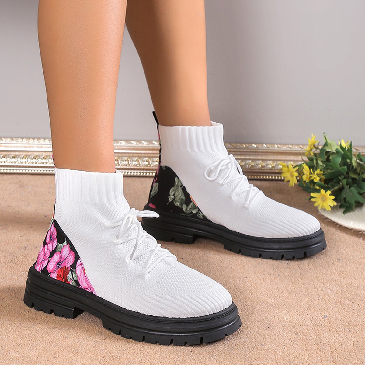 Women's Flowers Print Sock Boots Knitted Mesh Shoes