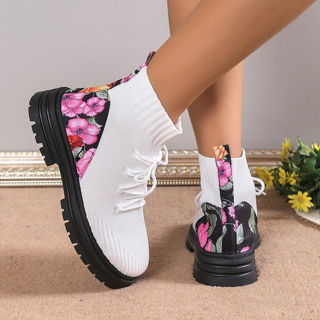 Women's Flowers Print Sock Boots Knitted Mesh Shoes