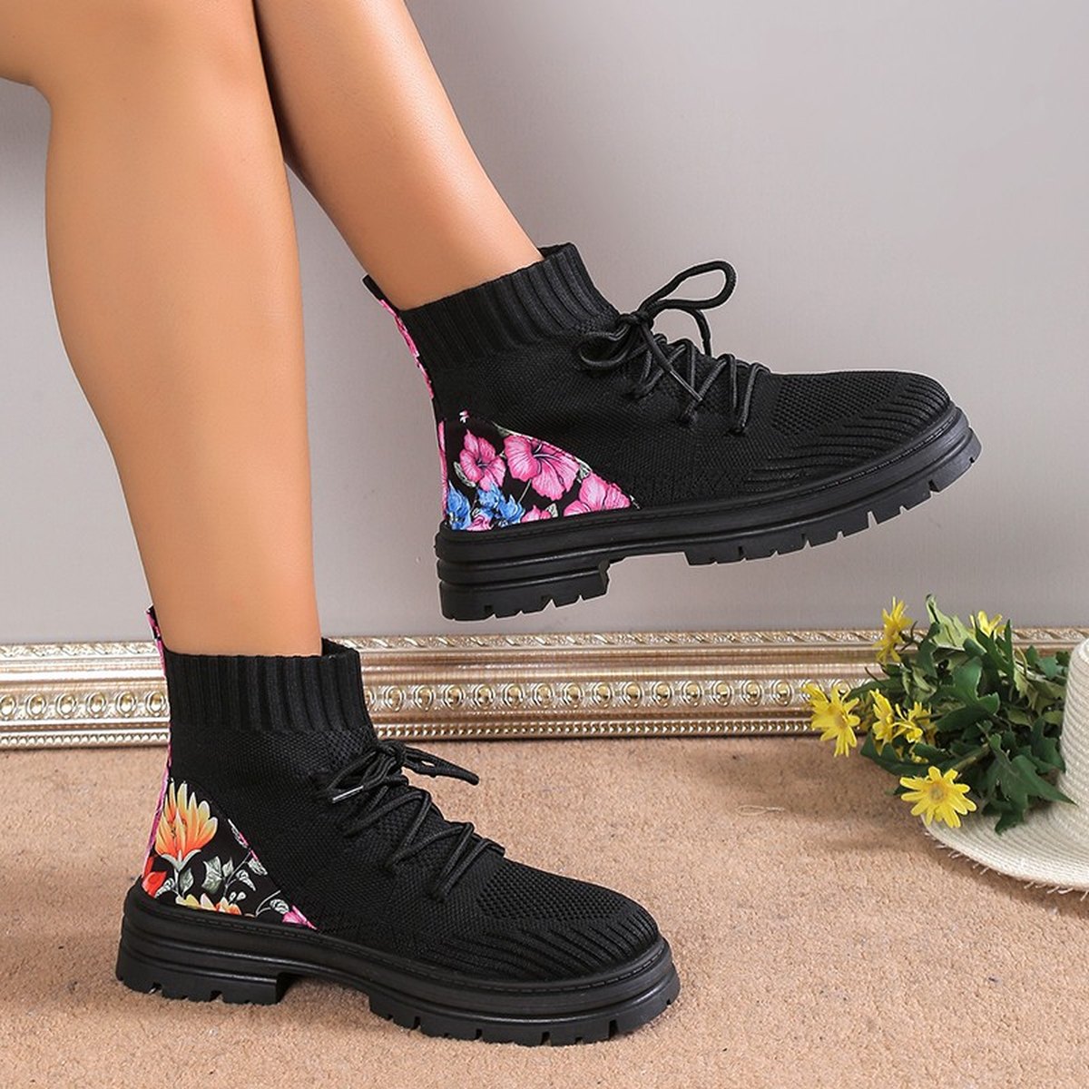 Women's Flowers Print Sock Boots Knitted Mesh Shoes