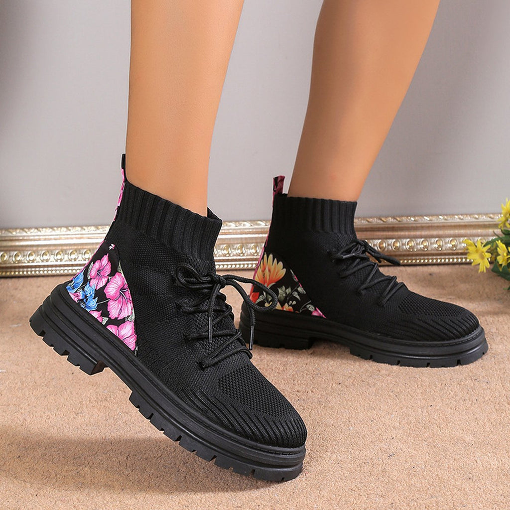 Women's Flowers Print Sock Boots Knitted Mesh Shoes
