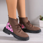 Women's Flowers Print Sock Boots Knitted Mesh Shoes