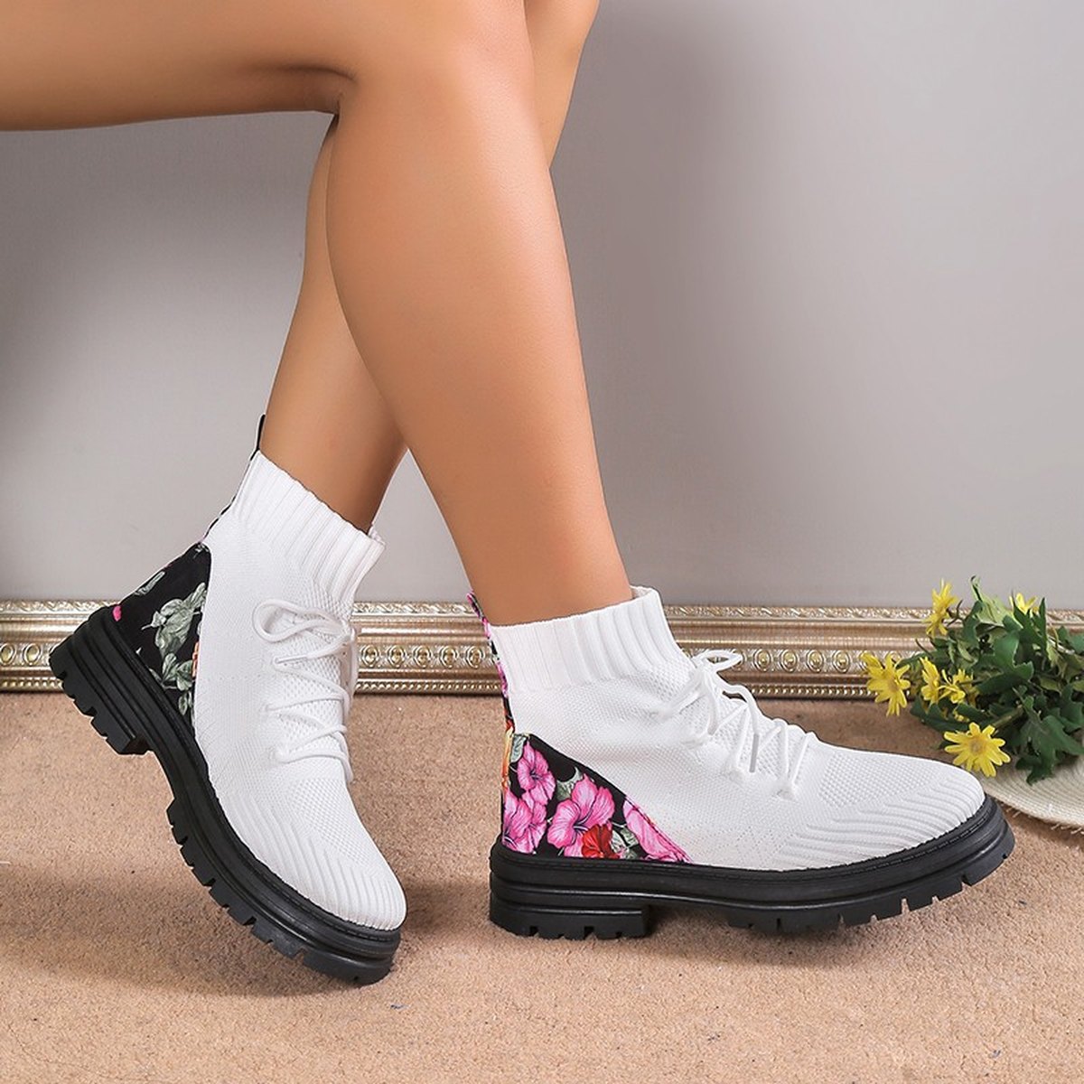 Women's Flowers Print Sock Boots Knitted Mesh Shoes