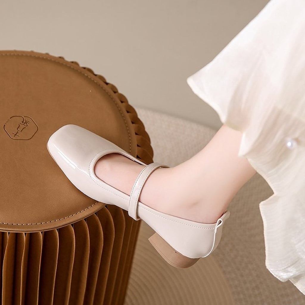 Women's French Genuine Leather Mary Jane Pumps Square
