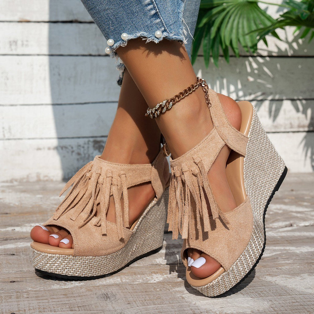 Women's Fringe Peep-toe Wedge Sandals