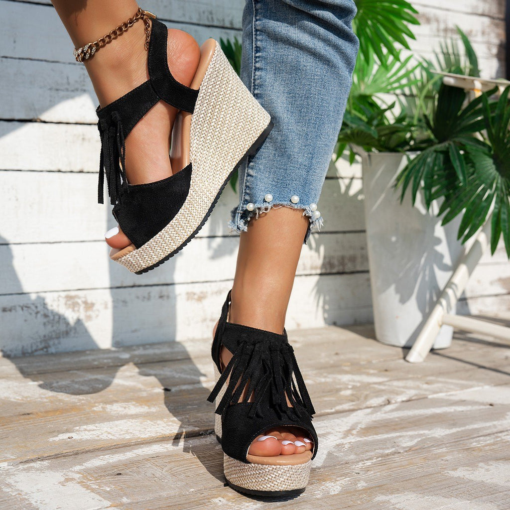 Women's Fringe Peep-toe Wedge Sandals