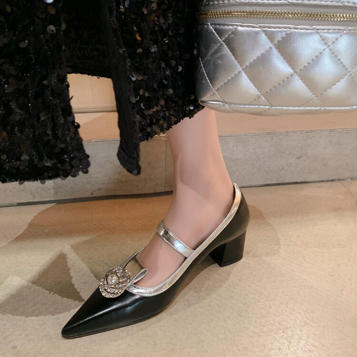Women's Full Leather Buckle High Heel Shoes Pointed