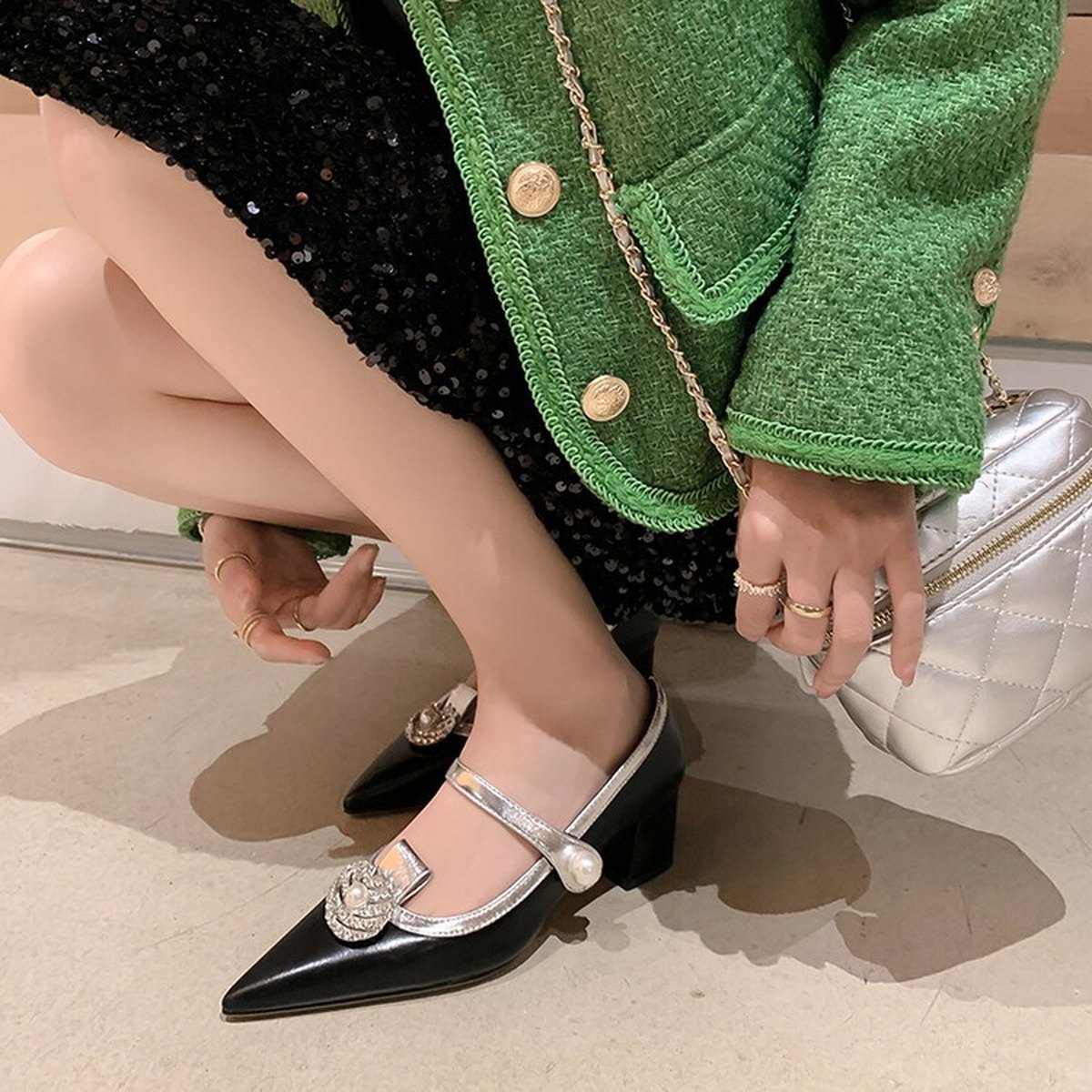 Women's Full Leather Buckle High Heel Shoes Pointed