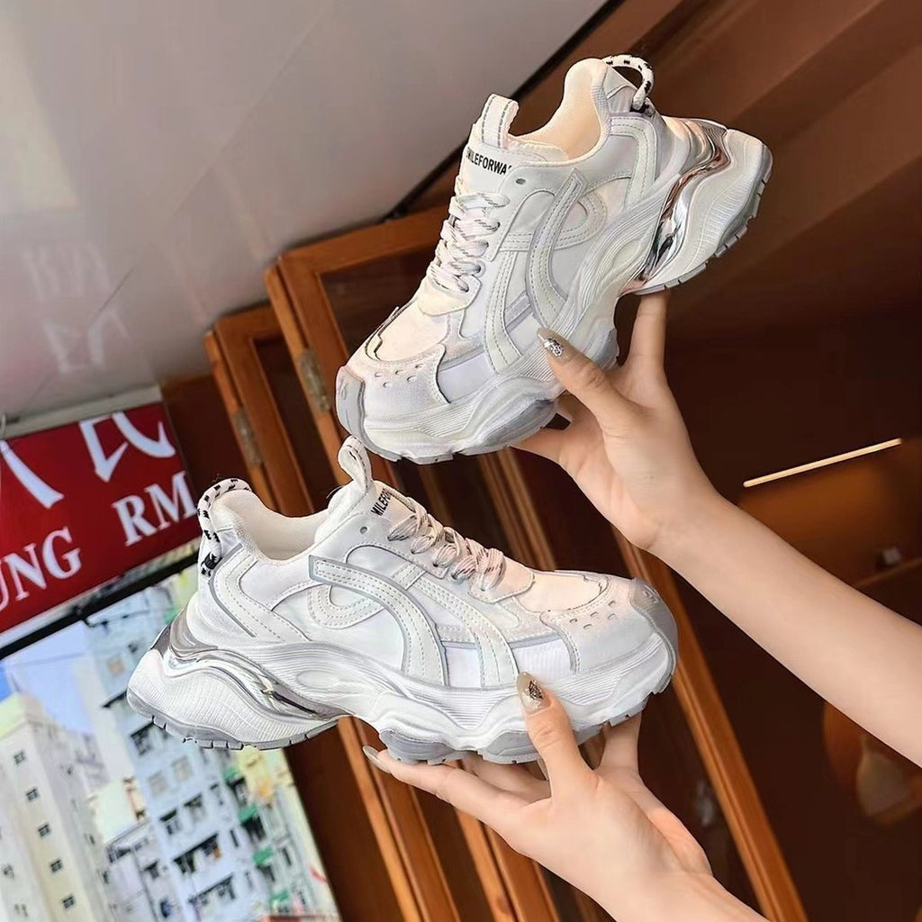 Women's Genuine Leather Platform Casual Faded-effect Clunky Sneakers