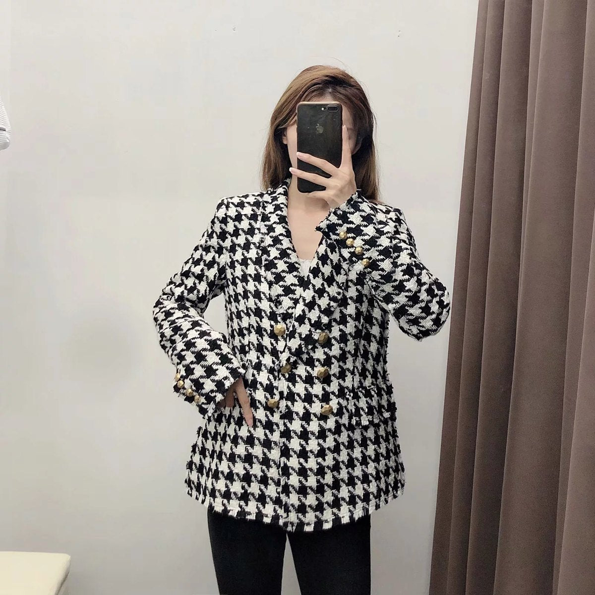 Women's Houndstooth Pattern Breasted Jacket