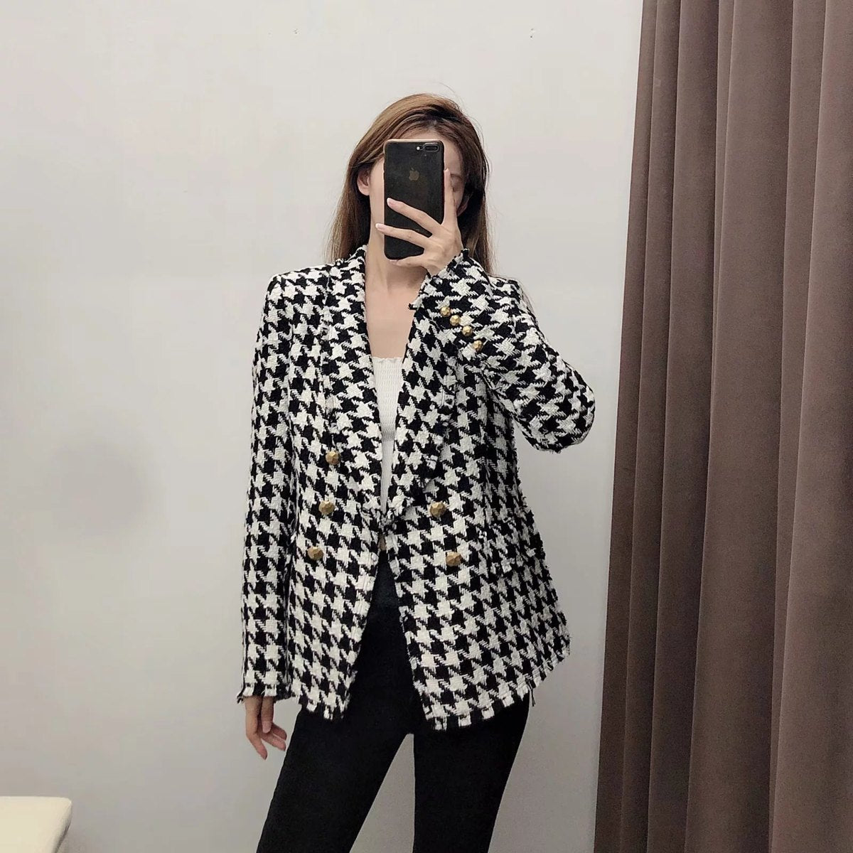 Women's Houndstooth Pattern Breasted Jacket