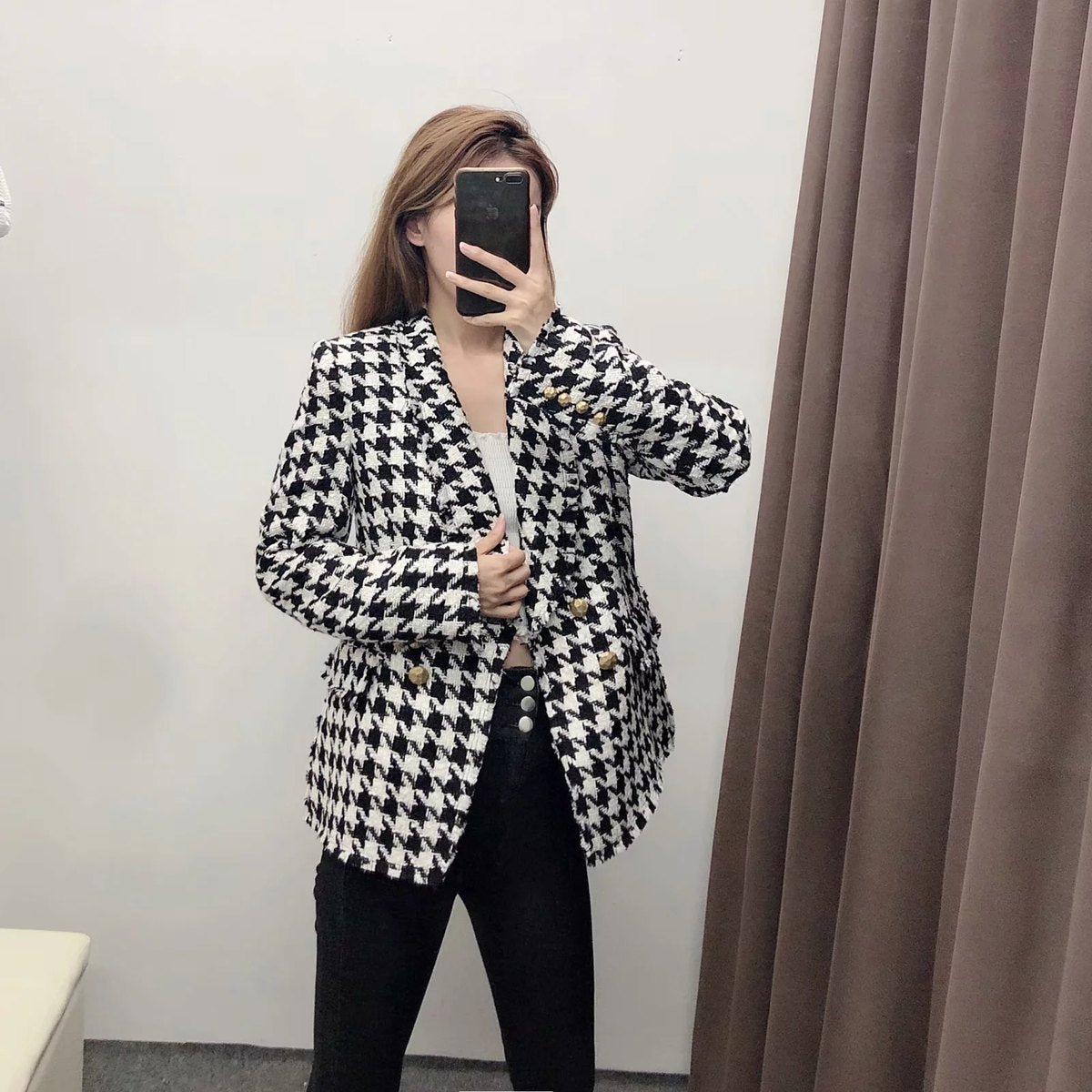 Women's Houndstooth Pattern Breasted Jacket