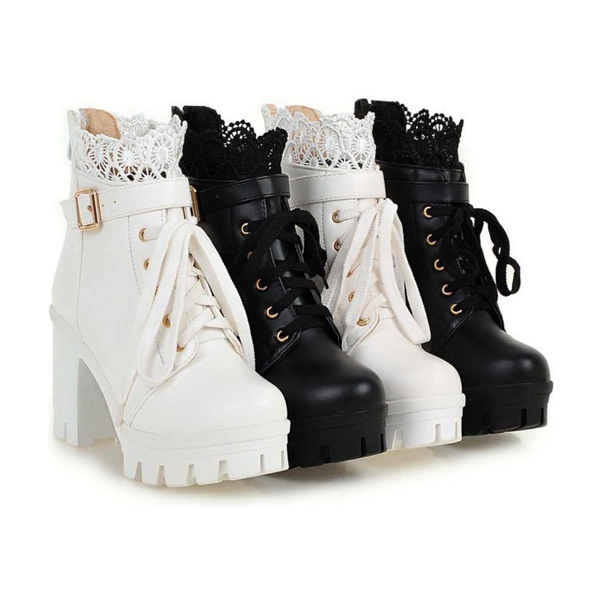 Women's Lace Ankle Boots Lace-up Square Heeled Shoes