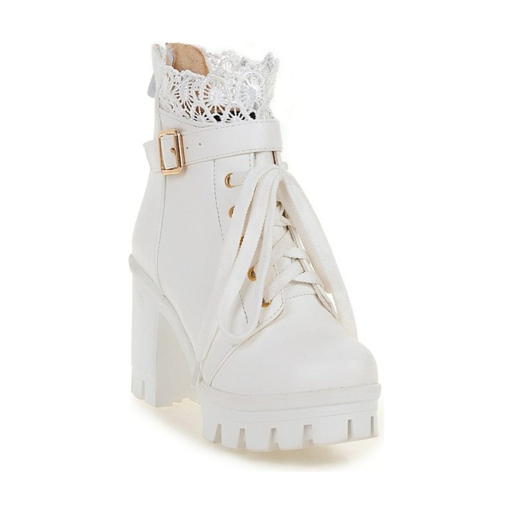 Women's Lace Ankle Boots Lace-up Square Heeled Shoes