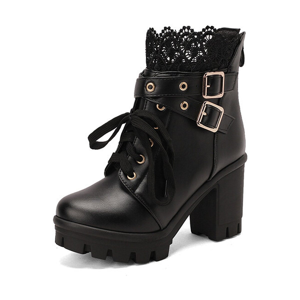 Women's Lace Ankle Boots Lace-up Square Heeled Shoes