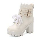 Women's Lace Ankle Boots Lace-up Square Heeled Shoes
