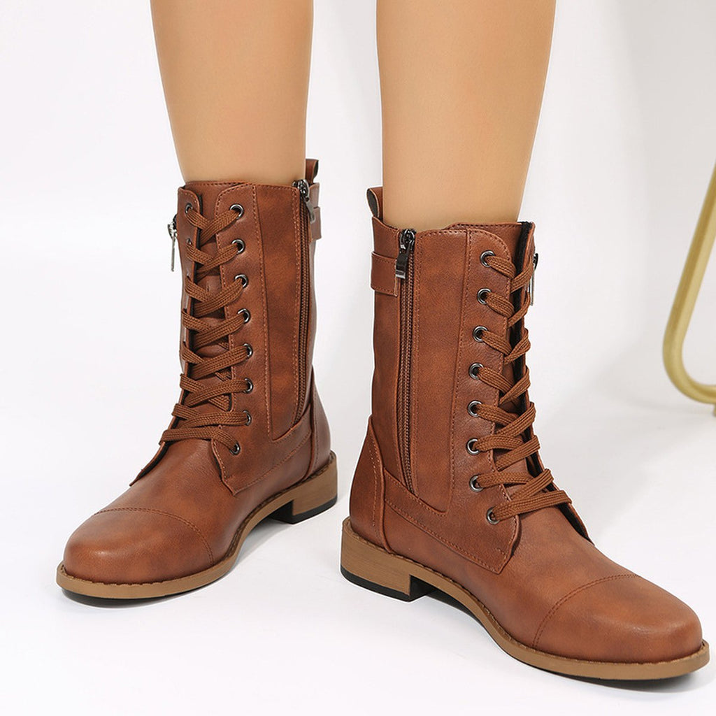 Women's Lace-up Western Boots Cowboy Side Zipper Shoes