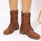 Women's Lace-up Western Boots Cowboy Side Zipper Shoes