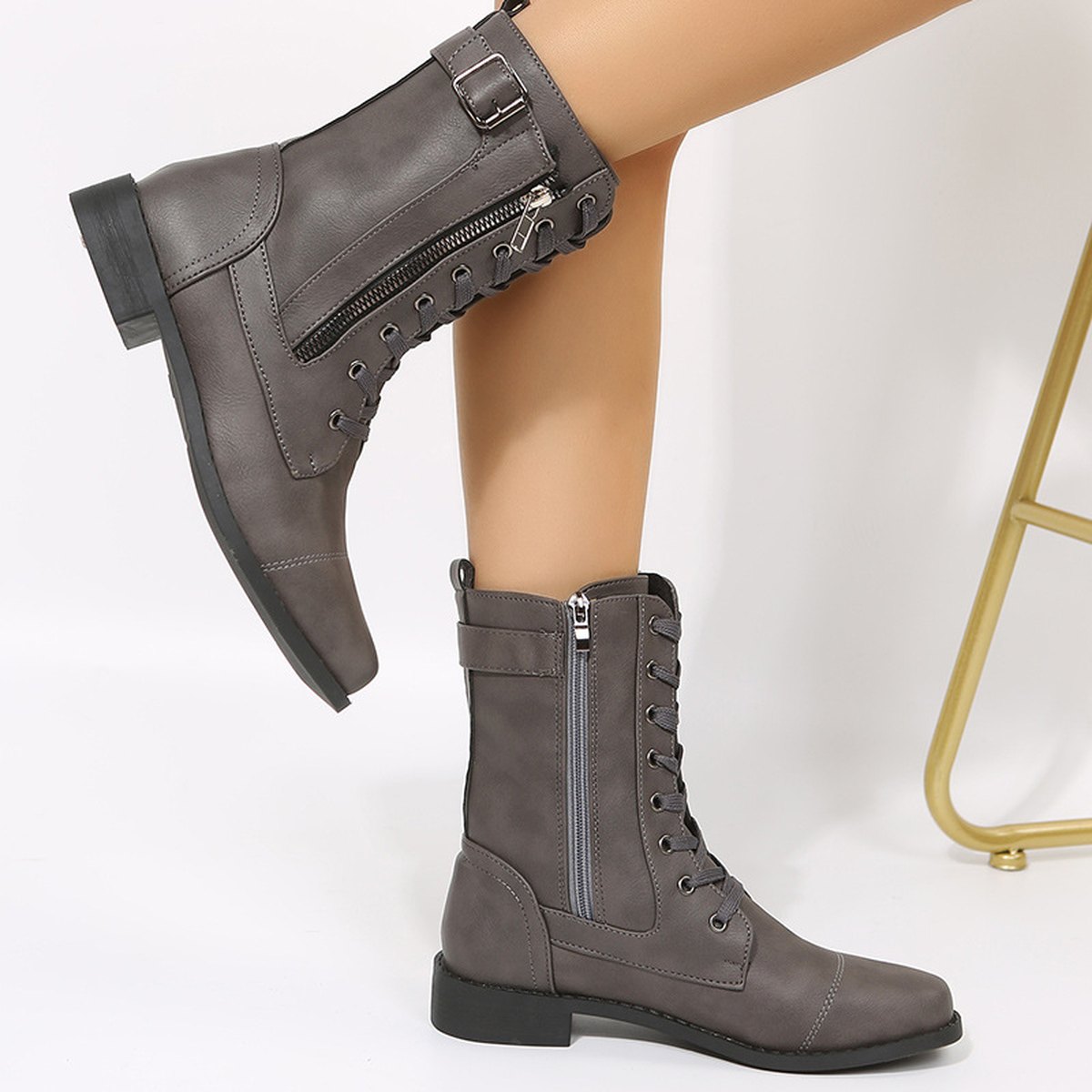 Women's Lace-up Western Boots Cowboy Side Zipper Shoes