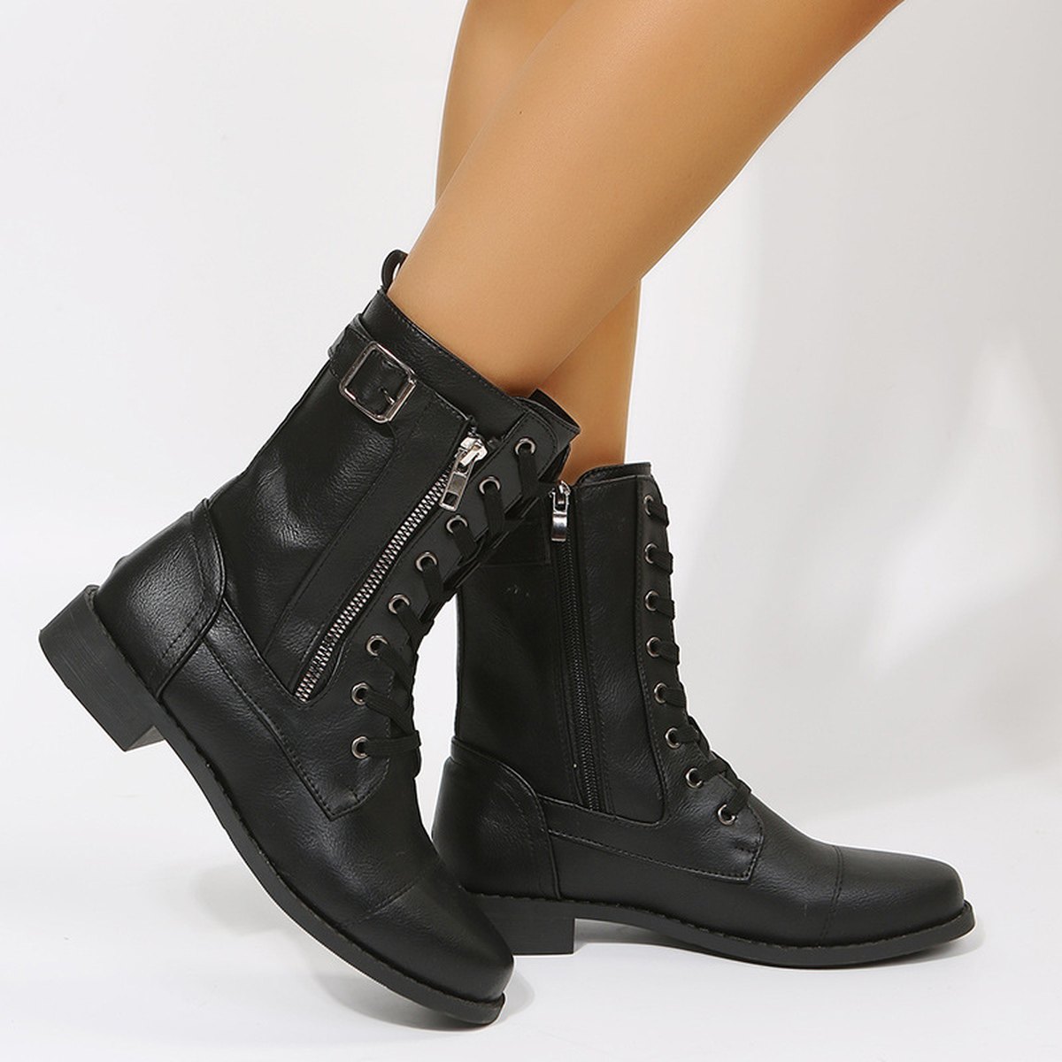 Women's Lace-up Western Boots Cowboy Side Zipper Shoes