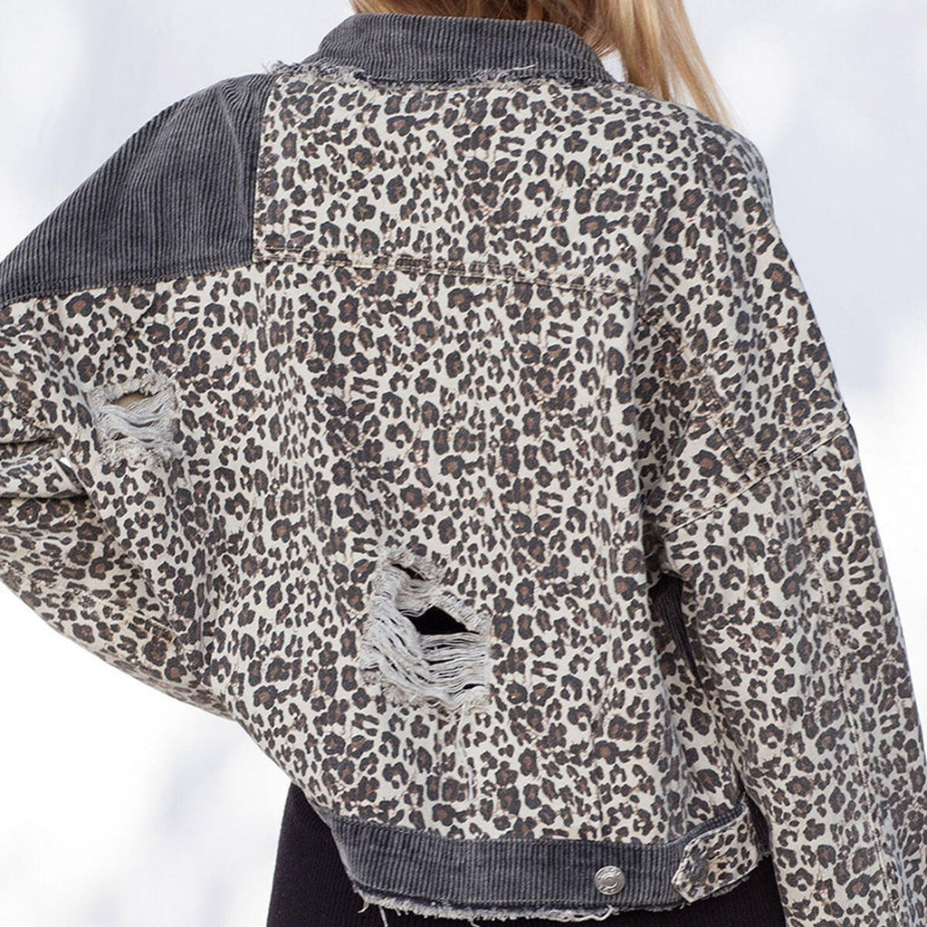 Women's Leopard Stitching Corduroy Denim Jacket